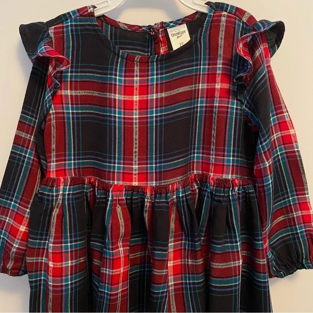 OshKosh B'gosh Toddler Girls Plaid Long Sleeve Shoulder Ruffle Dress Size 2T